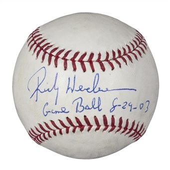 2003 Rickey Henderson Game Used and Signed/Inscribed OML Selig Baseball From Game Of His Last Career and Record Setting Stolen Base (PSA/DNA)